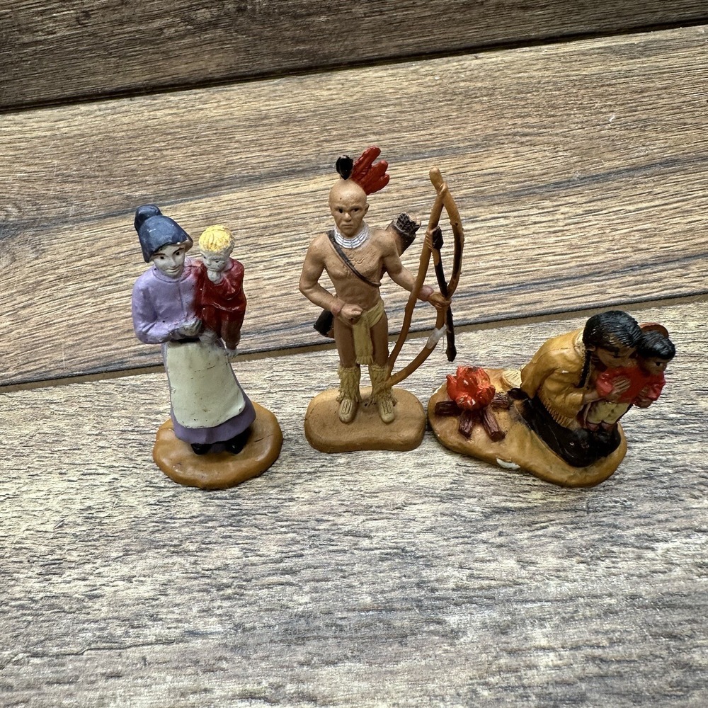 Vintage Frontier Figurines Set Native American Warrior Pioneer Woman & Child